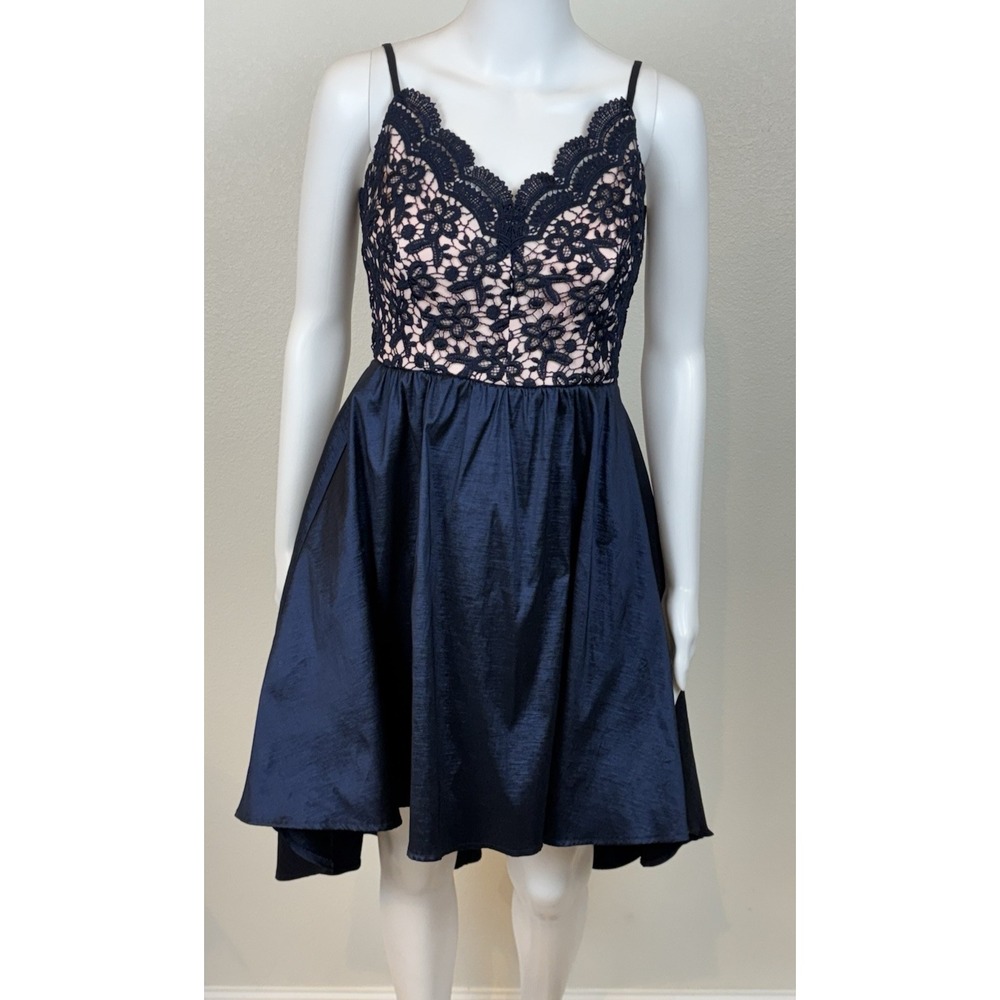 B‎ Darlin Juniors Formal Babydoll Hi Low Mini Dress 5/6 Navy Pink Lace Y2K Grad - Picture 2 of 11